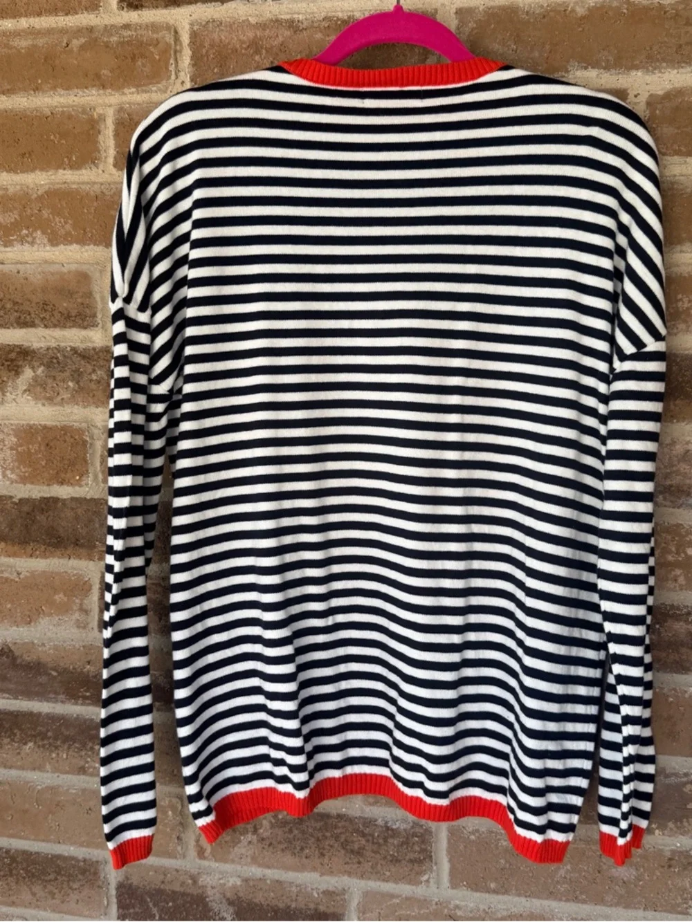 Navy & White Striped Crewneck Sweater with Red Trim